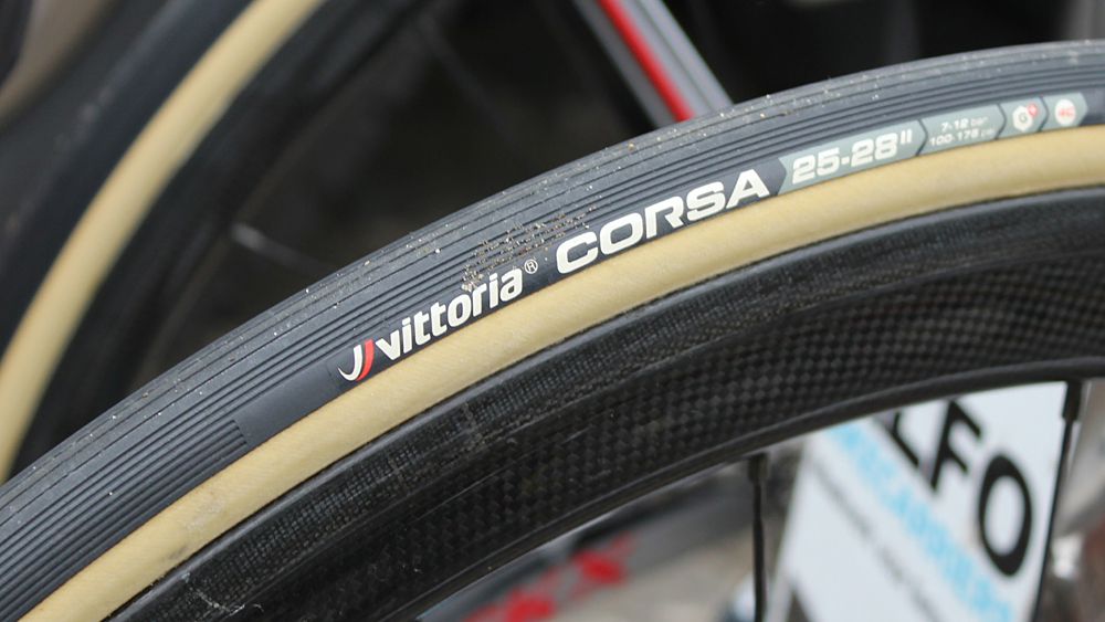 The new graphite-based Corsa tire was being used by many teams in a 25mm width. The 28mm version will come out for Paris-Roubaix