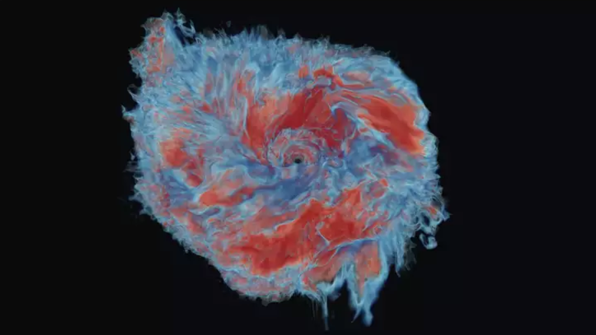 A numerical simulation of the smash-up between neutron stars that launches a kilonova blast