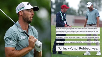 Sam Burns looks frustrated during the 2025 US Open final round (left) with Burns and a USGA Rules official discussing a potential free drop behind screenshots of fans' comments regarding the incident (right)