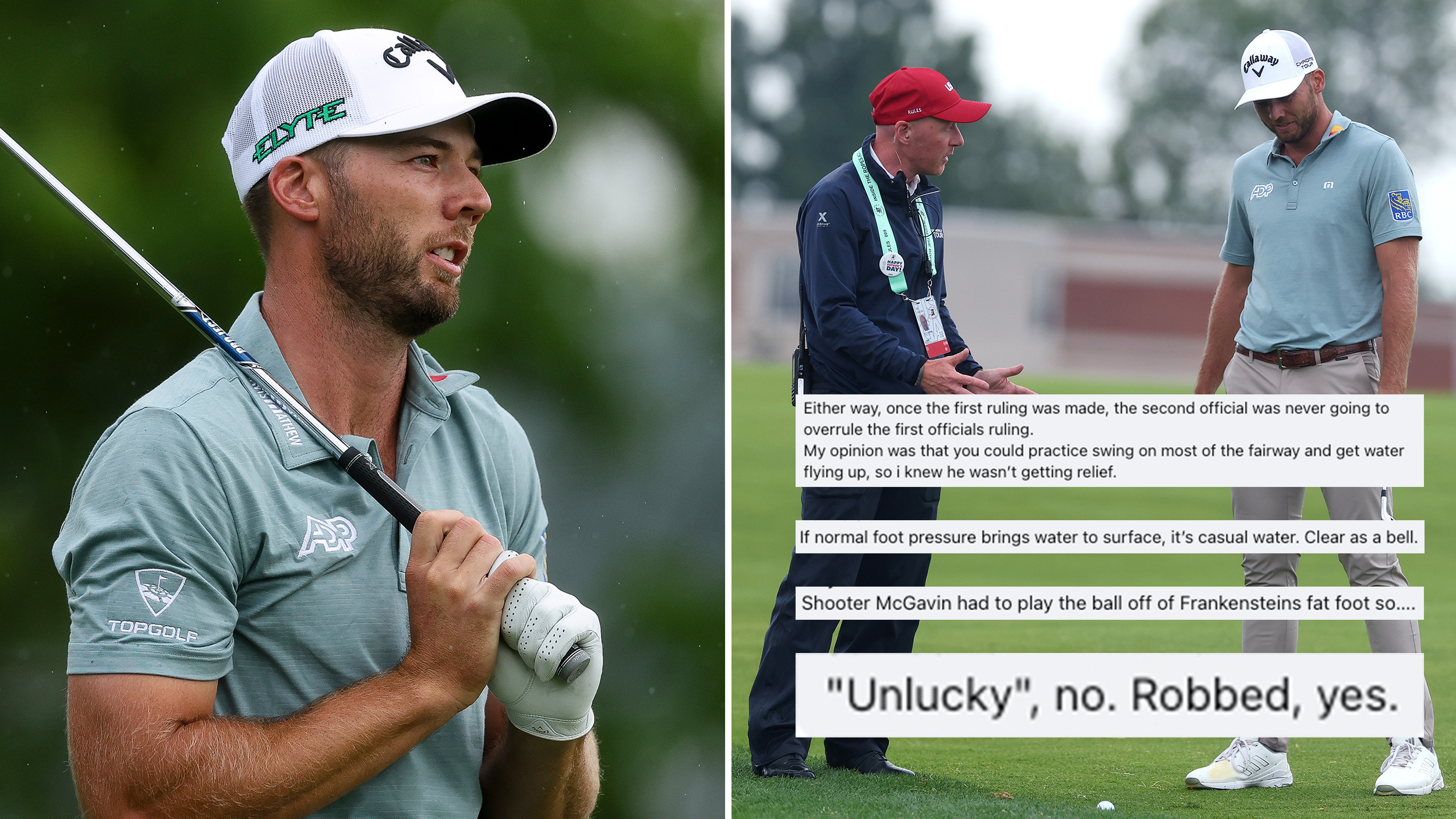 Sam Burns looks frustrated during the 2025 US Open final round (left) with Burns and a USGA Rules official discussing a potential free drop behind screenshots of fans&#039; comments regarding the incident (right)