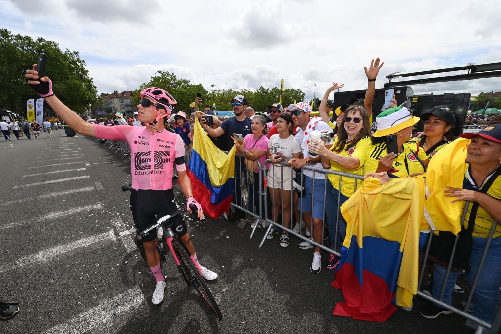 PAU FRANCE JULY 05 Rigoberto Uran of Colombia and Team EF EducationEasyPost poses for a photograph prior to stage five of the 110th Tour de France 2023 a 1627km stage from Pau to Laruns UCIWT on July 05 2023 in Pau France Photo by Tim de WaeleGetty Images