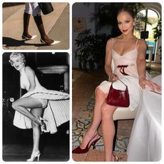 A collage of street style images of women wearing slingback heels, Altuzarra Fall 2024 slingback heels, Marilyn Monroe in white slingback heels and a white dress, and Jennifer Lopez wearing a pink slip dress and red slingback heels