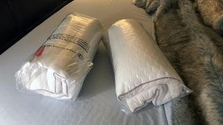 Two Layla Memory Foam Pillows in their shrink wrap