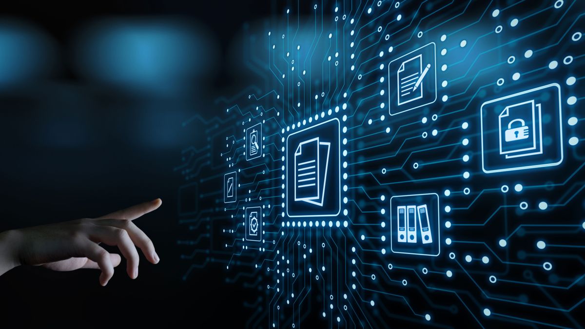 Hand reaching towards visualisation of connected squares representing different storage and documents systems