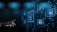Hand reaching towards visualisation of connected squares representing different storage and documents systems