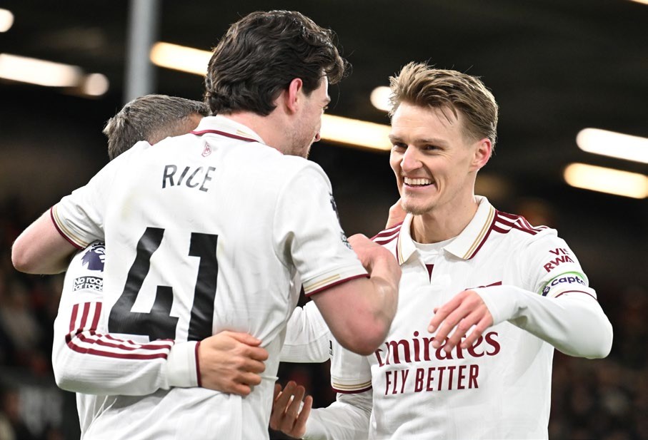 BOURNEMOUTH, ENGLAND - JANUARY 03: (L) Declan Rice celebrates scoring his 2nd and Arsenal's 3rd goal with (R) Martin Odegaard during the Premier League match between Bournemouth and Arsenal at Vitality Stadium on January 03, 2026 in Bournemouth, England. (Photo by Stuart MacFarlane/Arsenal FC via Getty Images)