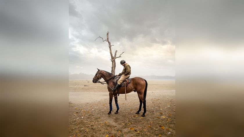 A mounted soldier in a uniform sits on a horse, surrounded by a barren landscape and a dramatic sky with scattered clouds