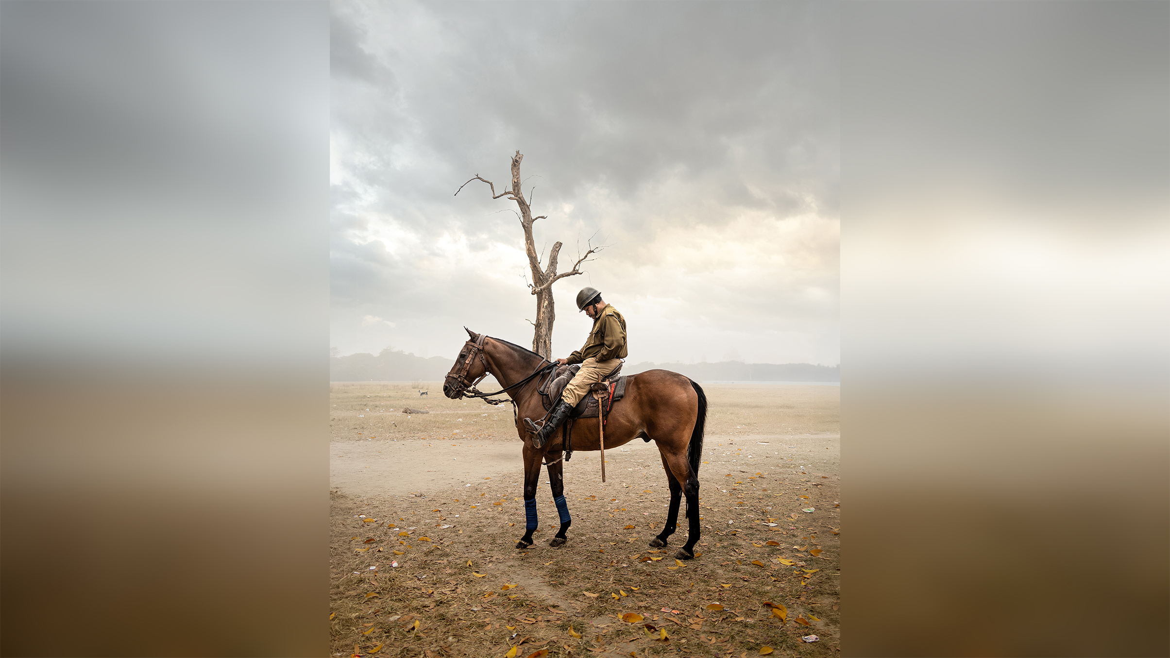 A mounted soldier in a uniform sits on a horse, surrounded by a barren landscape and a dramatic sky with scattered clouds