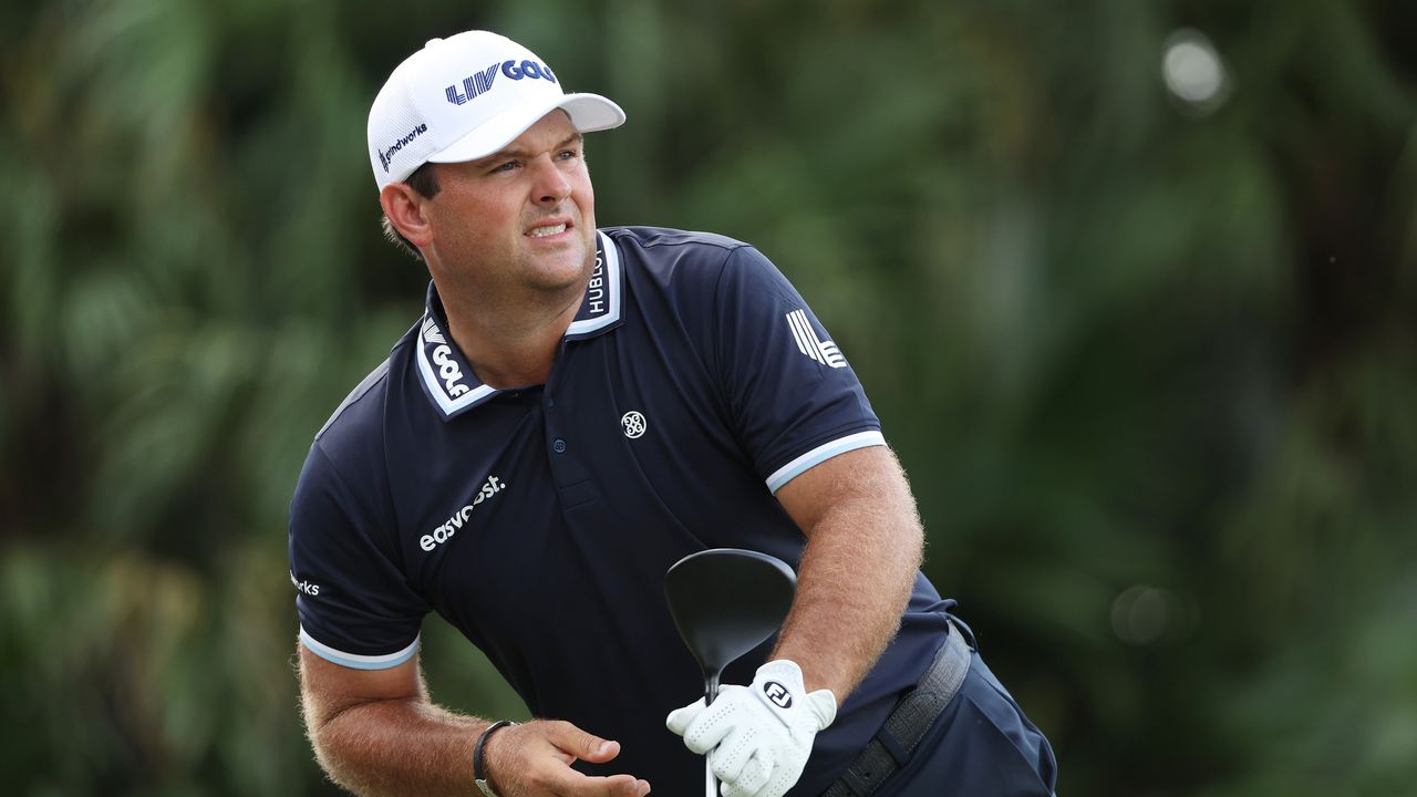 Patrick Reed after hitting a tee shot at the LIV Golf Miami Team Championship