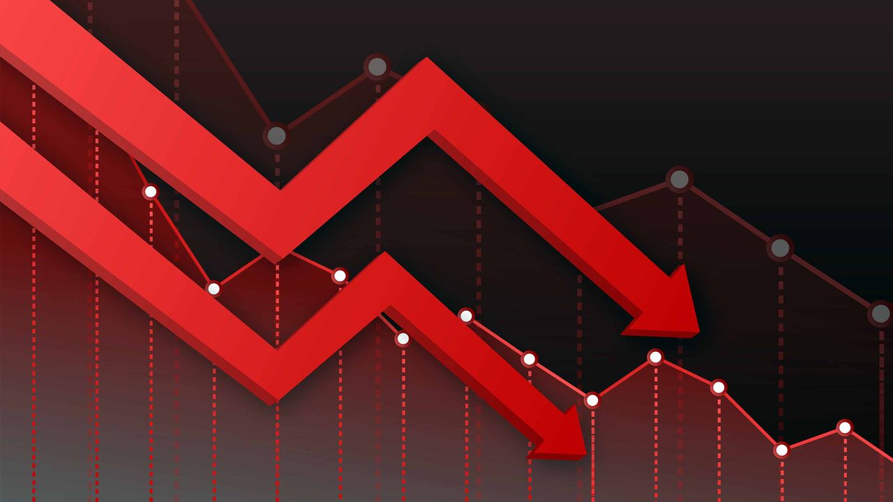 stock chart with red arrows going down