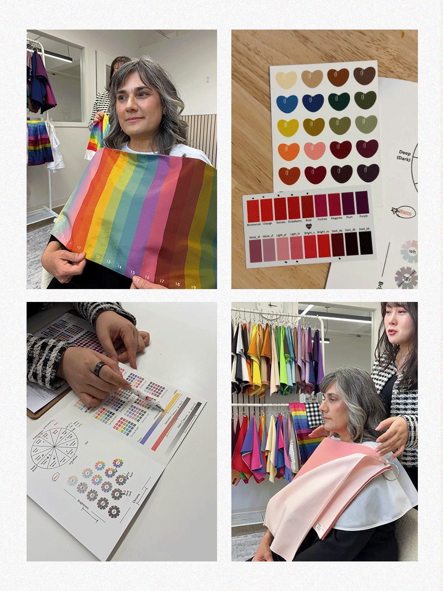 A collage of a woman with gray hair in a color-analysis session.