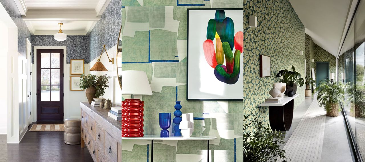 Three examples of, what can i put on my entryway wall. Small entryway with blue wallpaper, console table, mirror, dark wood flooring. Close up of colorful wallpaper, shelf with ornaments and table lamp, framed artwork. Large entryway with patterned green wallpaper, concrete flooring, runner, decorated with plants