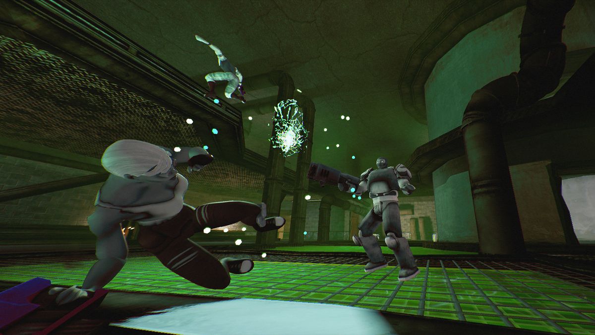 chaotic fight scene with multiple individuals firing at each other