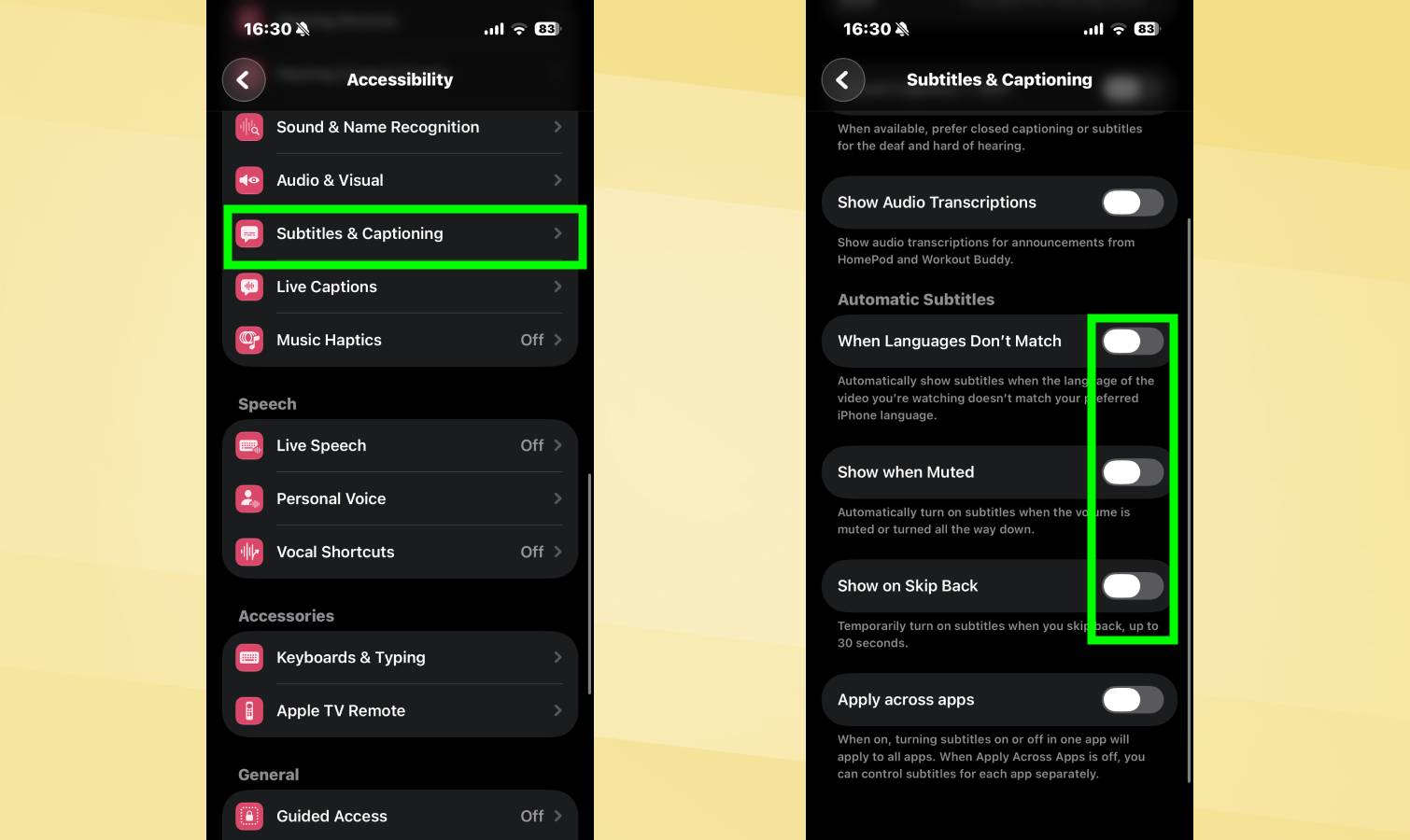How to turn off automatic subtitles in Settings