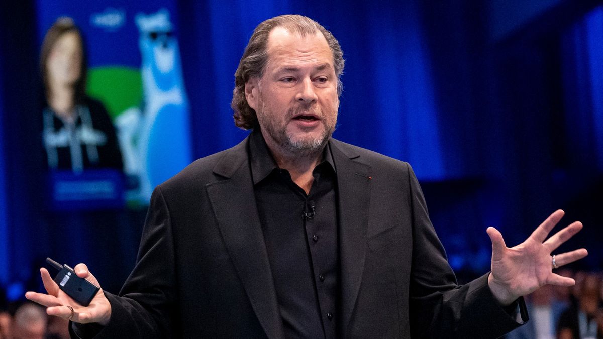 Marc Benioff, chief executive officer of Salesforce Inc. speaks during a keynote