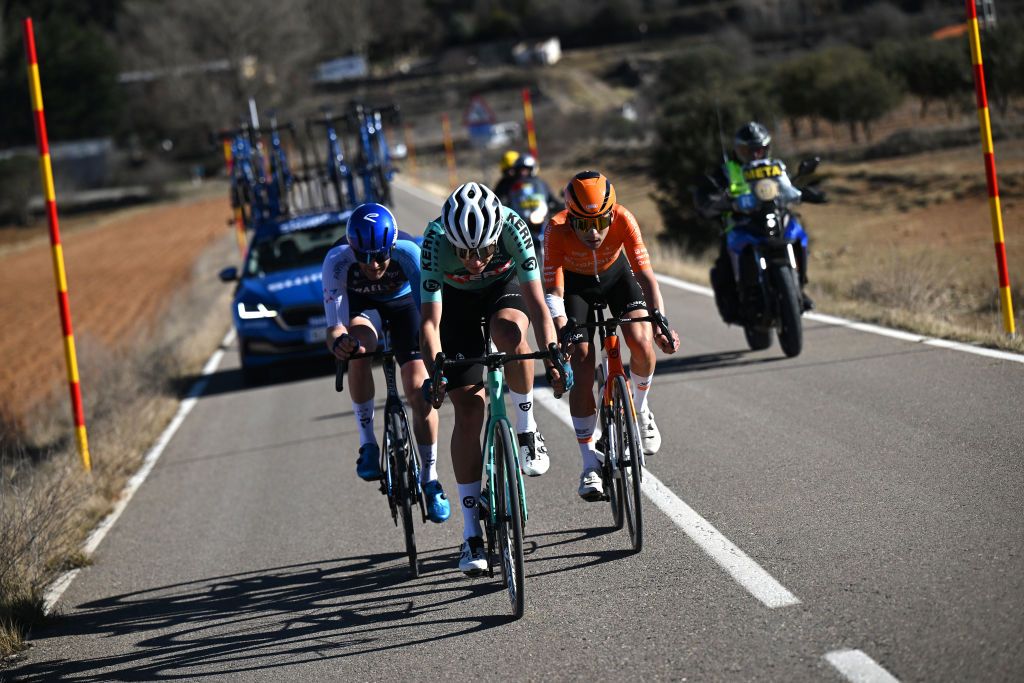 PORTELL DE MORELLA SPAIN FEBRUARY 08 Diego Uriarte of Spain and Team Equipo Kern Pharma Hugo Houle of Canada and Team Israel Premier Tech and Jon Agirre of Spain and Team Euskaltel Euskadi compete in the breakaway during the 76th Volta a la Comunitat Valenciana 2025 Stage 4 a 181km stage from Oropesa del Mar to Portell de Morella 1078m on February 08 2025 in Portell de Morella Spain Photo by Szymon GruchalskiGetty Images
