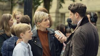 Toby Eden, Jodie Whittaker, and Matthew James Hinchliffe in "Toxic Town" coming soon to Netflix