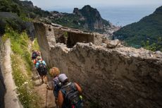 AMALFI, ITALY - JUNE 4, 2022: People are hiking in the small village of Pontone in the municipality of Scala with the stairways of Ravello Province of Salerno, Campania region, Italy.