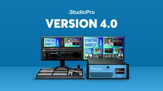 Graphic of StudioPro Version 4.0 with computer screens on a blue background