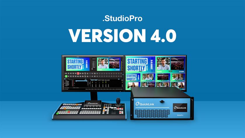 Graphic of StudioPro Version 4.0 with computer screens on a blue background