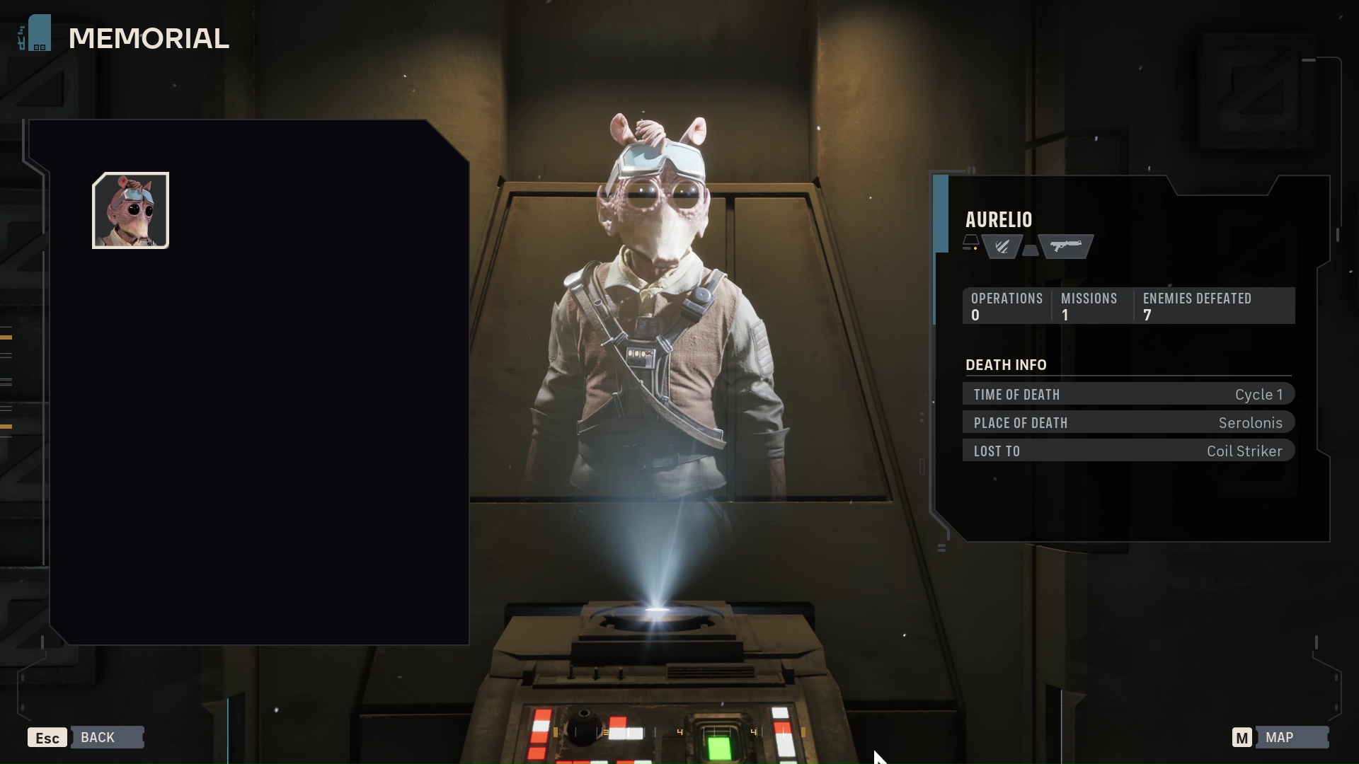 The memorial showing off Aurelio in Star Wars Zero Company