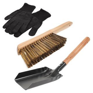 black steel and wood fireside cleaning set including dust pan, gloves and brush