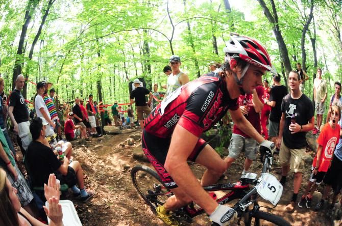 Mitch Hoke (Kenda/Felt) must have felt like he was riding in the Tour de France as he is surrounded by spectators
