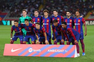  Barcelona players poses for the photo prior to the LaLiga EA Sports match between FC Barcelona and Sevilla FC at Estadi Olimpic Lluis Companys on September 29, 2023 in Barcelona, Spain. (Photo by Eric Alonso/Getty Images)