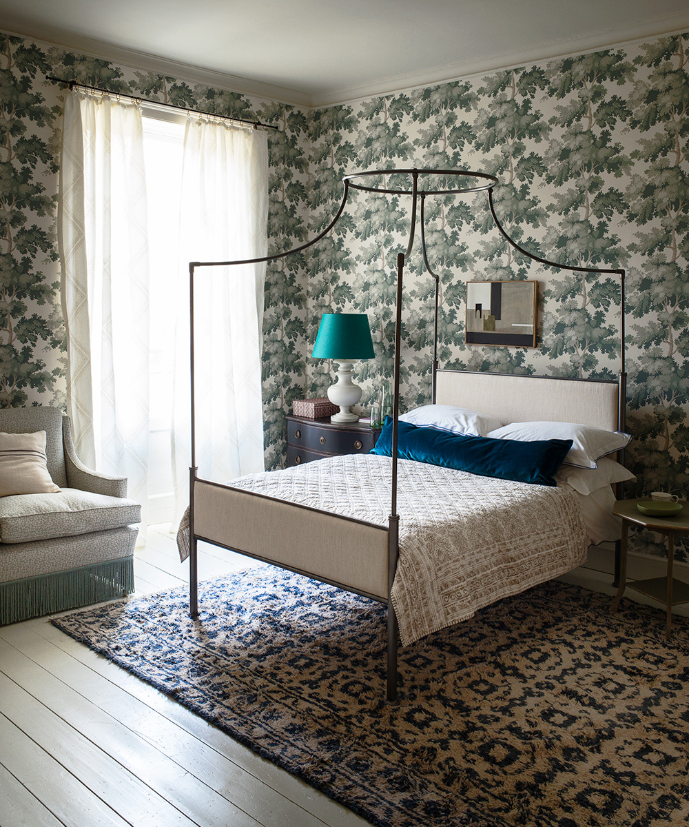 English style bedroom with botanical-themed wallpaper