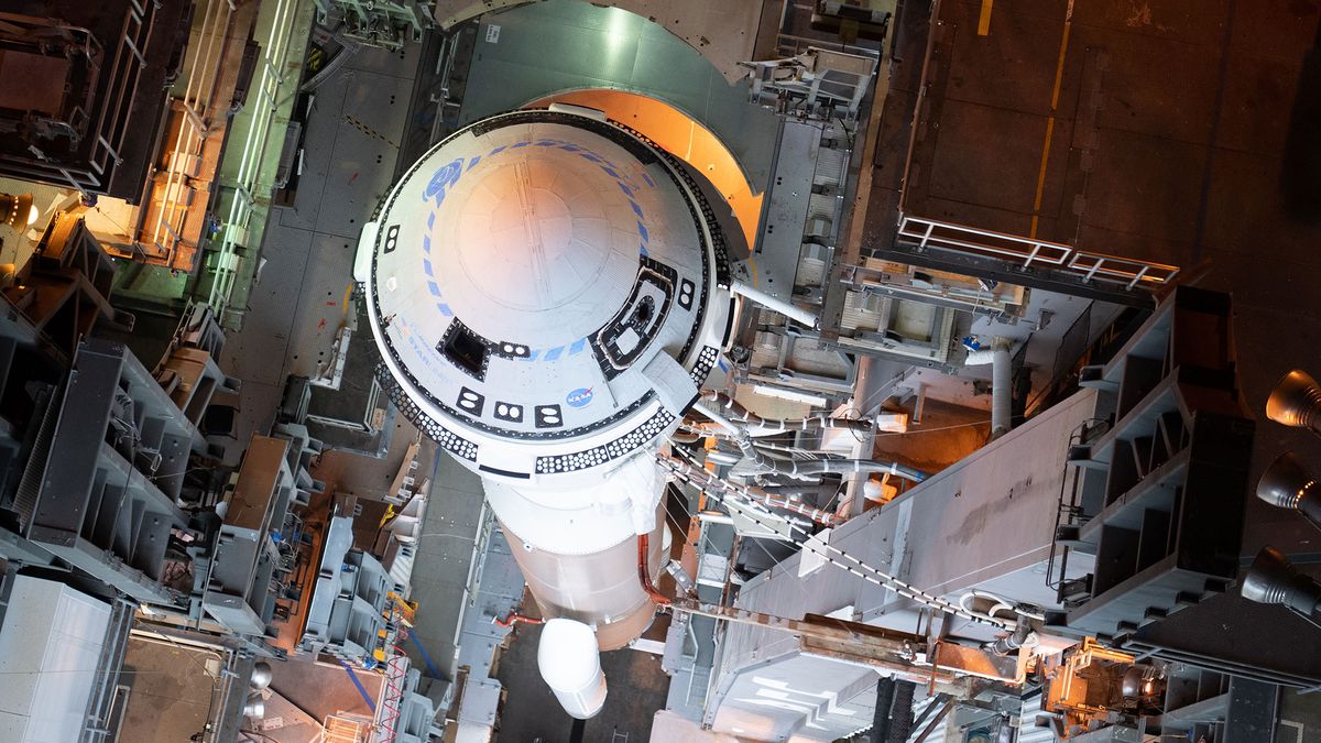 A United Launch Alliance Atlas V rocket with Boeing&rsquo;s CST-100 Starliner spacecraft onboard is seen inside the Vertical Integration Facility before being rolled out to the launch pad at Space Launch Complex 41 ahead of the Orbital Flight Test mission, Wednesday, Dec. 18, 2019 at Cape Canaveral Air Force Station in Florida.
