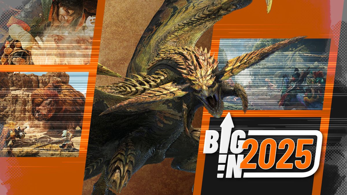 Big in 2025 montage of images for Monster Hunter Wilds, showing a variety of combat scenarios with the titular monsters as well as vast world exploration