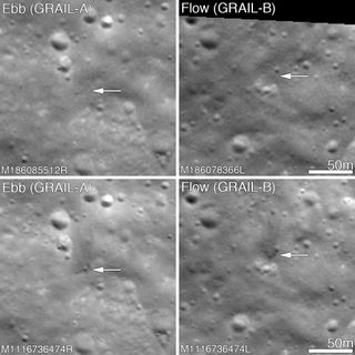 The twin GRAIL spacecraft impacted the Moon on 17 December 2012, LROC was able to image the impact craters on 28 February 2013 showing them both to be about 5 meters in diameter. Upper panels show the area before the impact; lower panels after the impact. Arrows point to crater locations. Image released March 19, 2013.