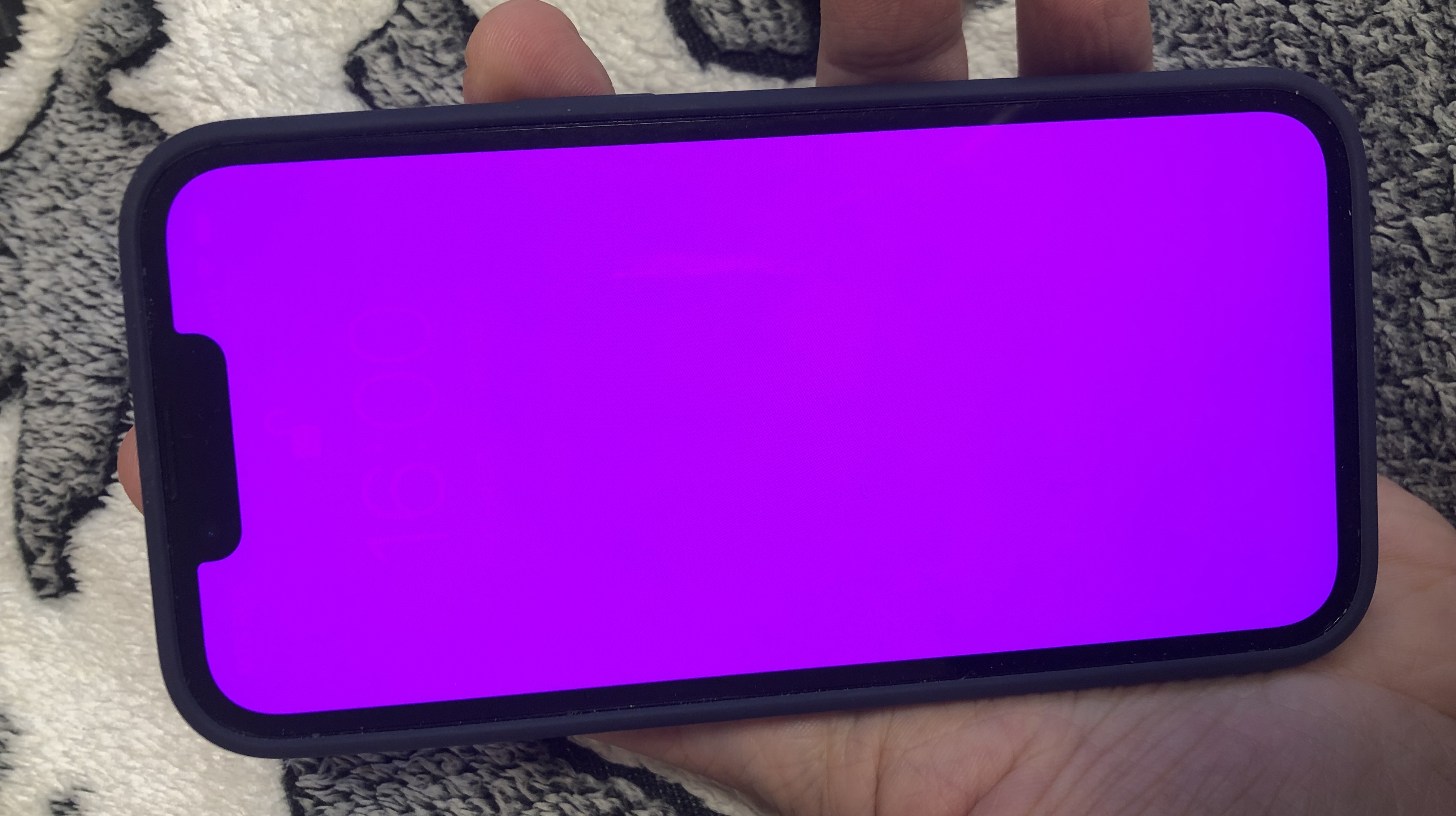 An iPhone 13 Pro with a pink screen