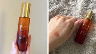 Collage of pics of the Tropic Skincare Youth Potion (L-R) Hand holding the product and swatch of the retinal on the back of the hand