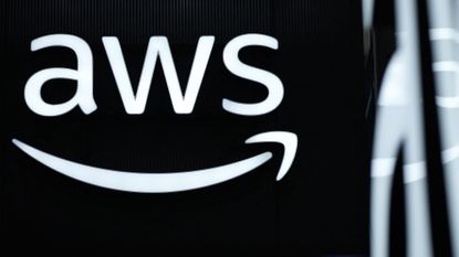 Amazon Web Services (AWS) logo and branding pictured at the Hannover Messe industrial trade fair for mechanical and electrical engineering and digital industries.