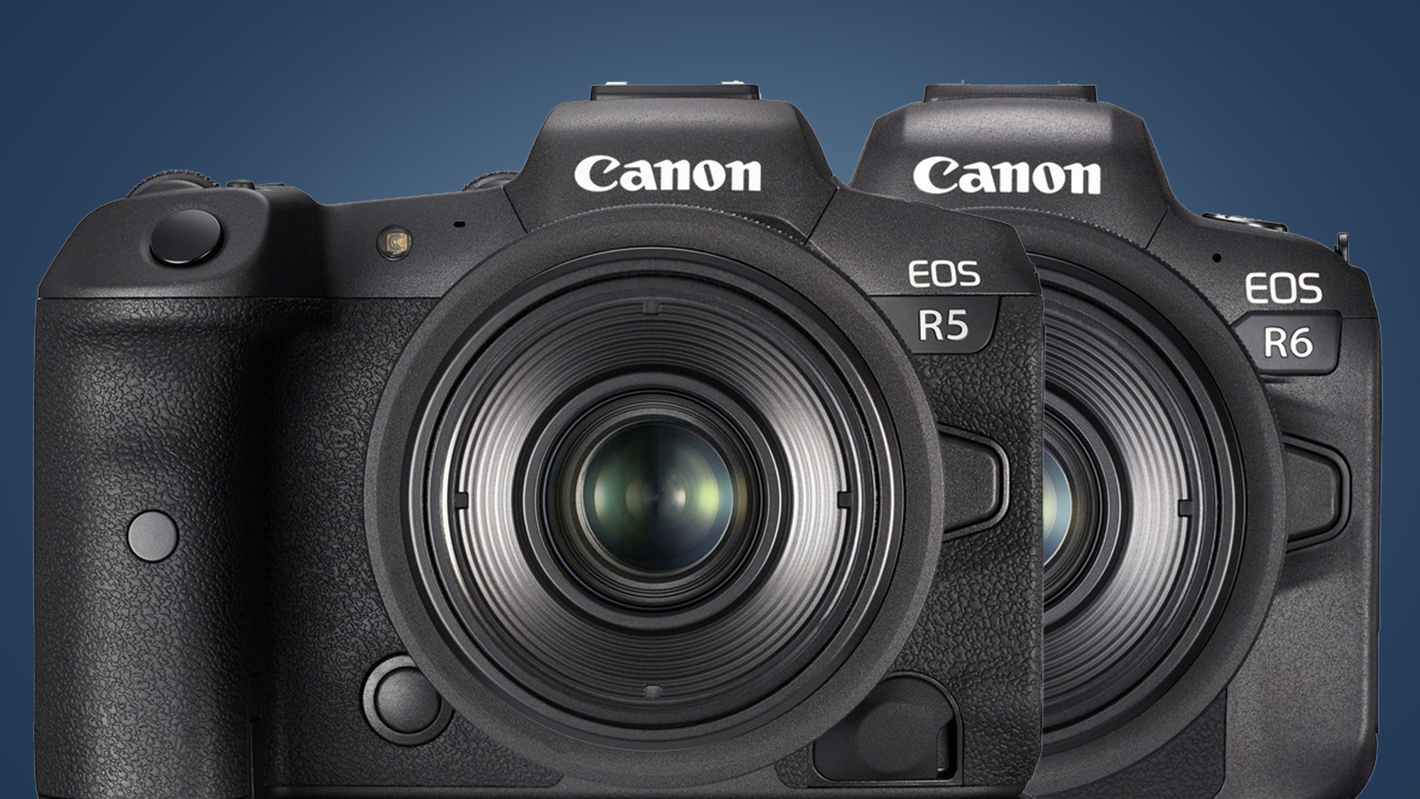 Front-on shots of the Canon EOS R5 and EOS R6 standing next to each other