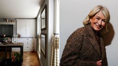 Martha Stewart cutout next to rustic kitchen with parquet floors and gingham cafe curtains