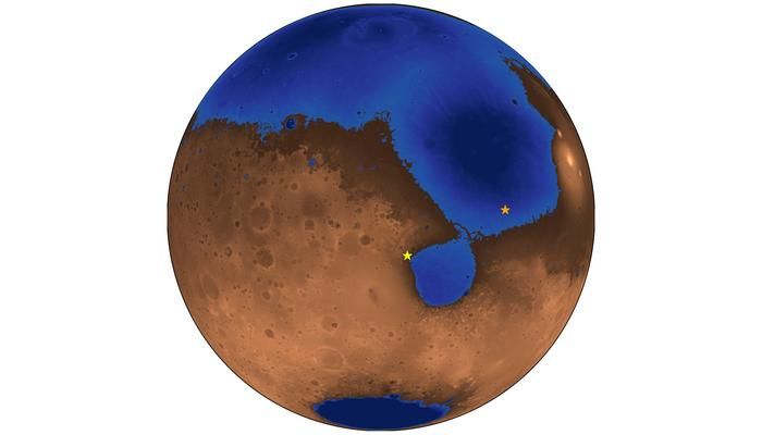 A diagram of Mars with blue overlay on the top and bottom (mostly on the top) to show where oceans may have once been.