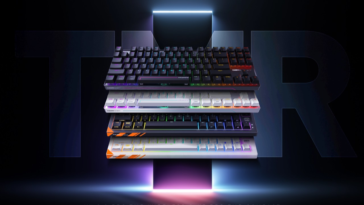 Cherry XTRFY MX 8.2 Pro TMR Wireless gaming keyboards on a black background