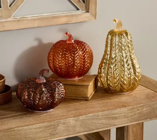 By Valerie Set of 3 Lit Woven Mercury Glass Pumpkins & Gourd 