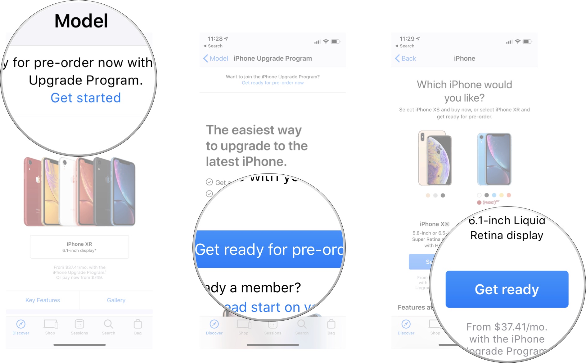 Приложение Apple Store, показывающее, как получить предварительное одобрение на предзаказы iPhone в рамках программы обновления iPhone.