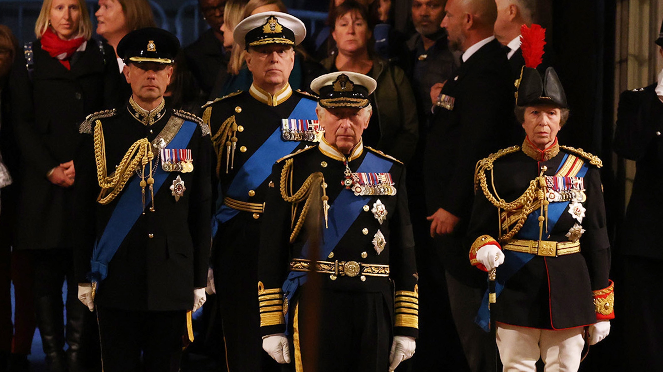 King Charles III, Anne, Princess Royal, Andrew and Prince Edward arrive to hold a vigil beside the coffin of their mother, Queen Elizabeth II