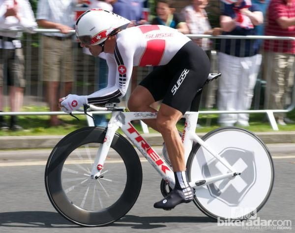 Fabian Cancellara of Switzerland on his custom painted Trek Speed Concept, Giro Selector helmet, Assos kit, and Bontrager Aeolus front wheel