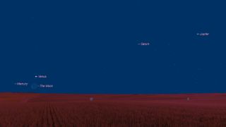 While the moon is making a close pass by Venus on Tuesday morning (April 2), keep an eye out for the planets Saturn, Jupiter and Mercury as well. This sky map shows their approximate locations as seen from New York City at 6:15 a.m. local time. (Click the top-right corner to zoom in.)