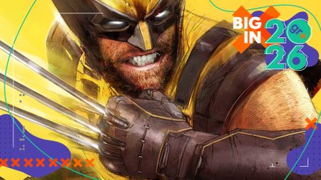 A close-up of Wolverine in his iconic yellow and black X-Men costume, grimacing as he raises his claws close to this chest - cropped from the game's key art with the GamesRadar+ Big in 2026 frame