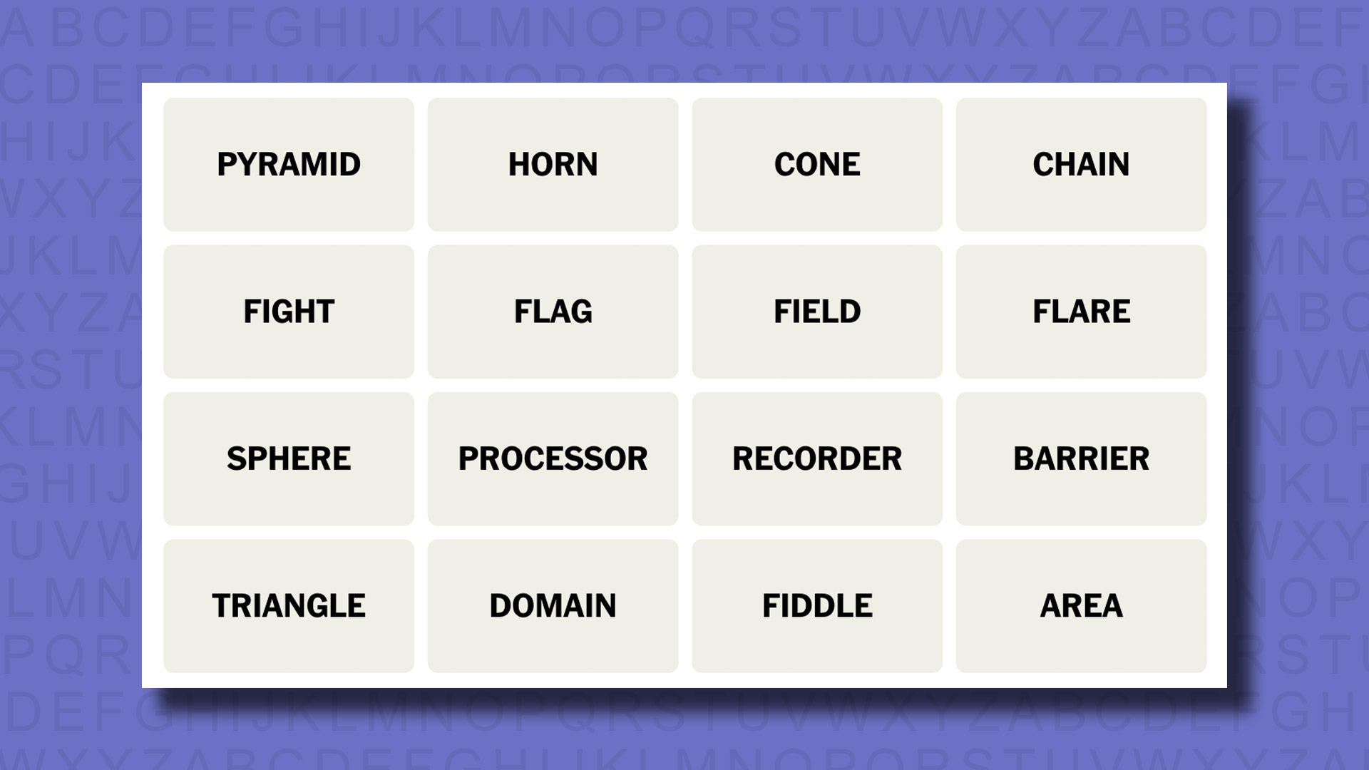 NYT Connections words for the 407 game on a purple background