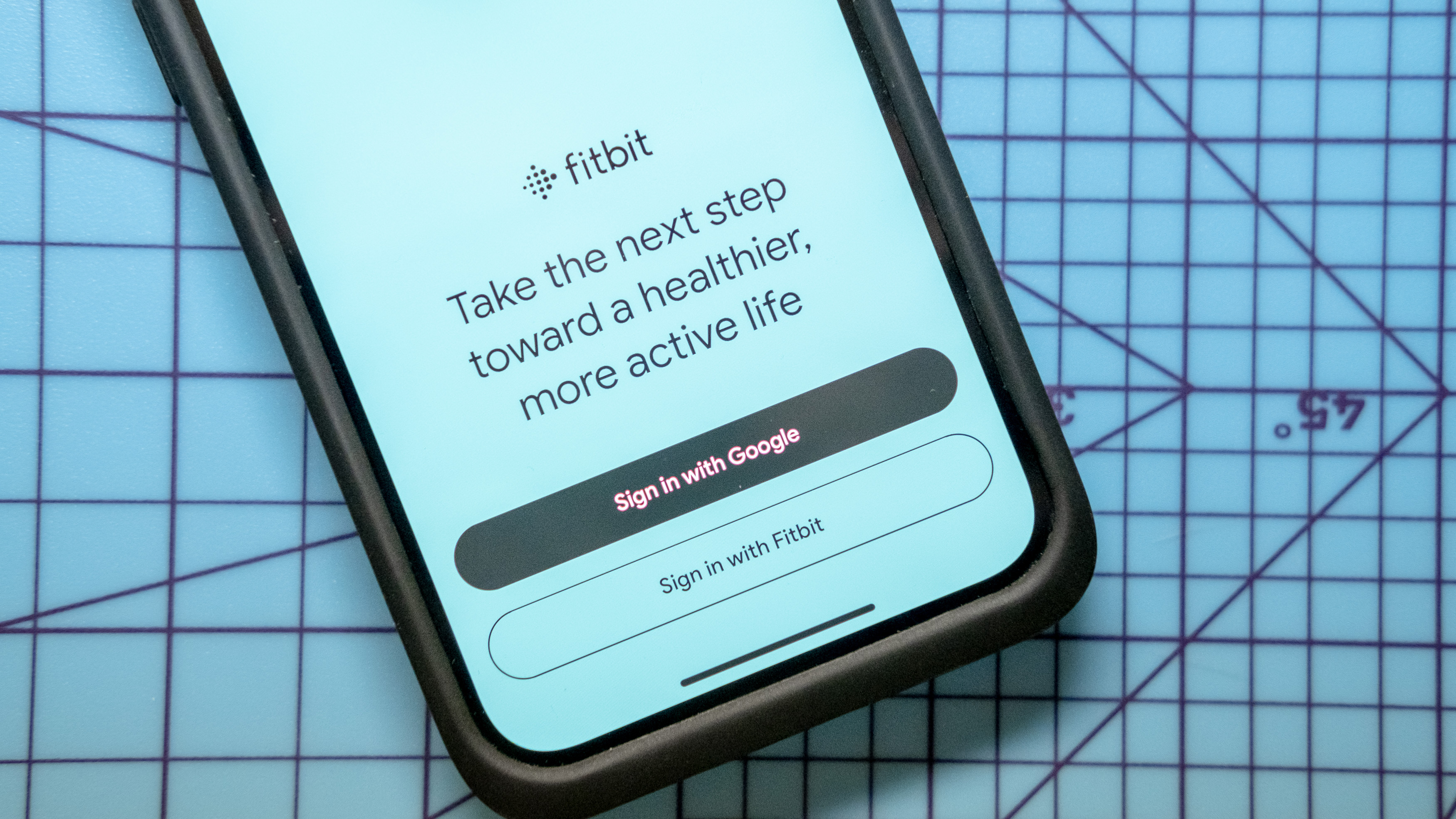 Экран в приложении Fitbit с вопросом, хотят ли пользователи войти в систему через учетную запись Google или Fitbit.