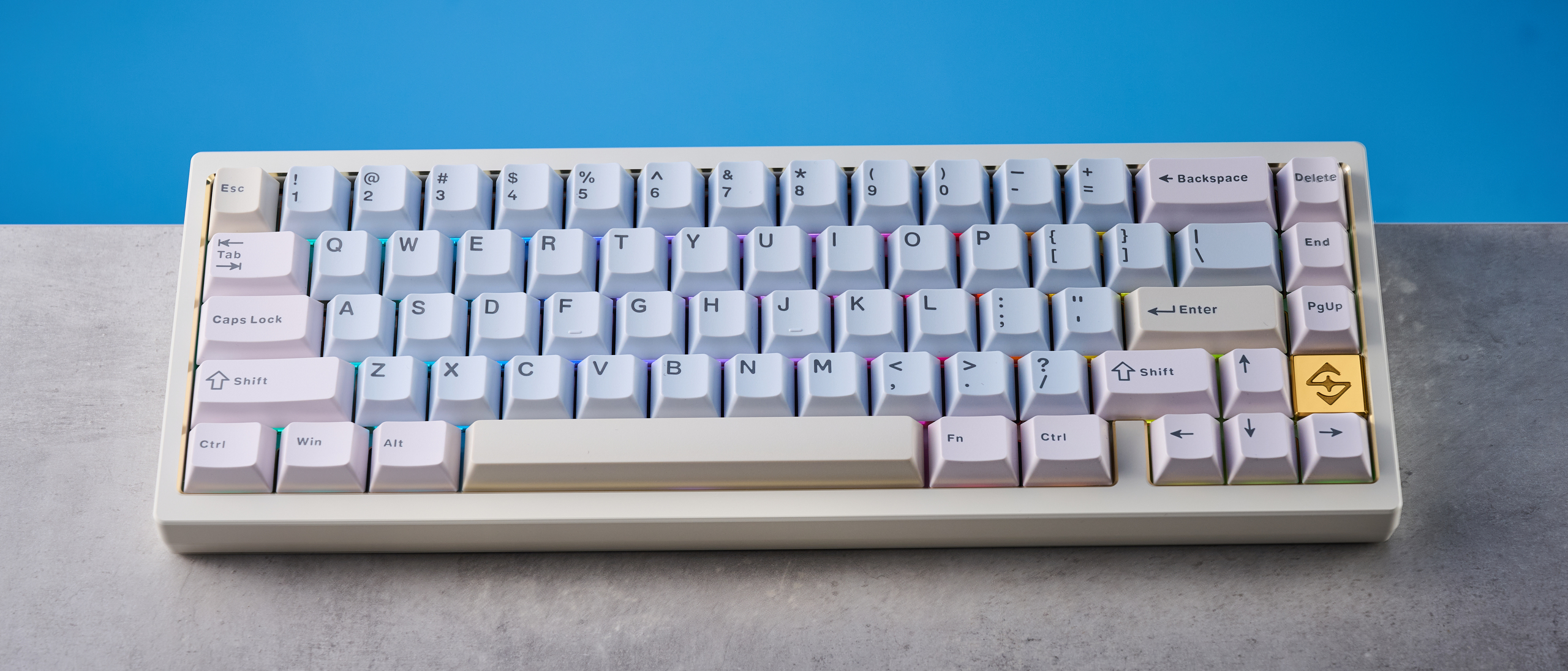 Wobkey Zen 65 mechanical keyboard photographed in front of a blue background