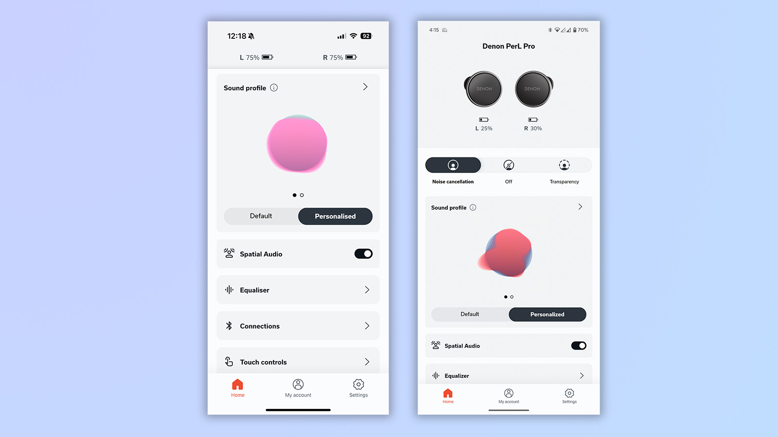 two screenshots from the denon app showing differences in personalised sound profile on the PerL Pro earbuds