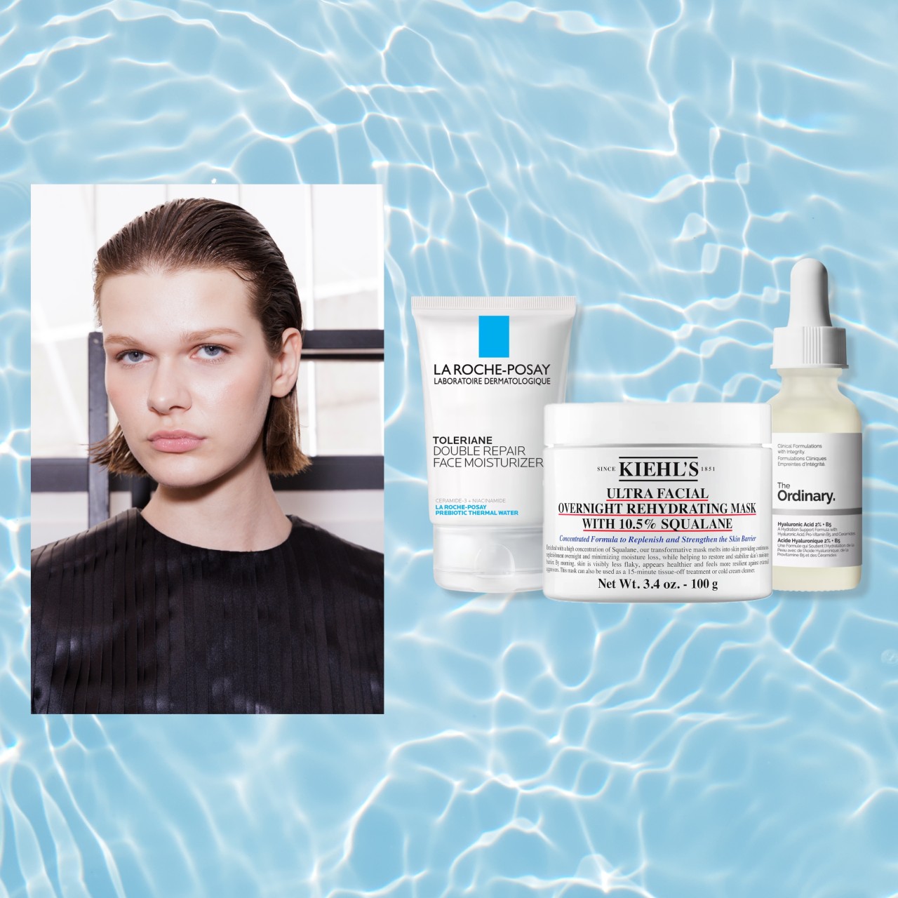 a handful of skincare products edited next to a model with clear skin